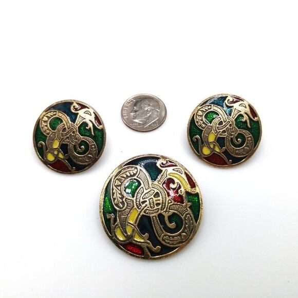 Vintage Celtic Design Miracle Brooch Pendant & Earrings Set Enamel Dragon - Picture 3 of 8